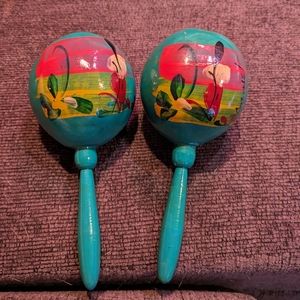2 PC maracas handpainted 8x3.5 inch teal color from Cozumel Mexico